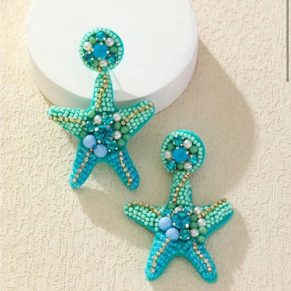Turquoise Beaded Starfish Earrings - Picture 1 of 1